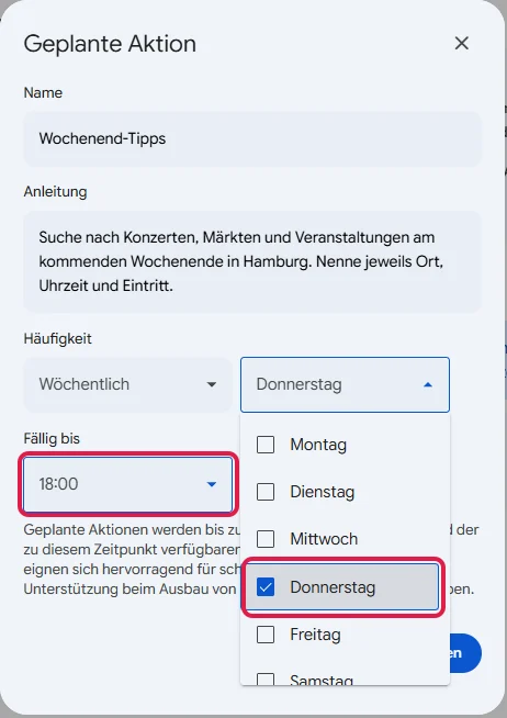 Formular mit Häufigkeit Wöchentlich, angehaktem Donnerstag und Fällig bis 18:00, rot markiert