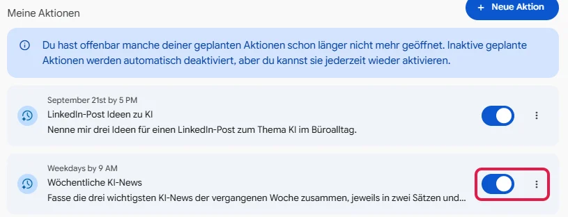 Liste Meine Aktionen mit zwei Aktionen, Schalter und drei Punkte einer Aktion rot markiert
