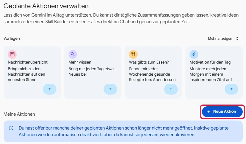 Seite Geplante Aktionen verwalten mit Vorlagen und dem Knopf Neue Aktion, rot markiert