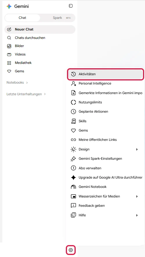 Einstellungsmenü von Gemini mit dem Punkt Aktivitäten und dem Zahnrad unten links, rot markiert