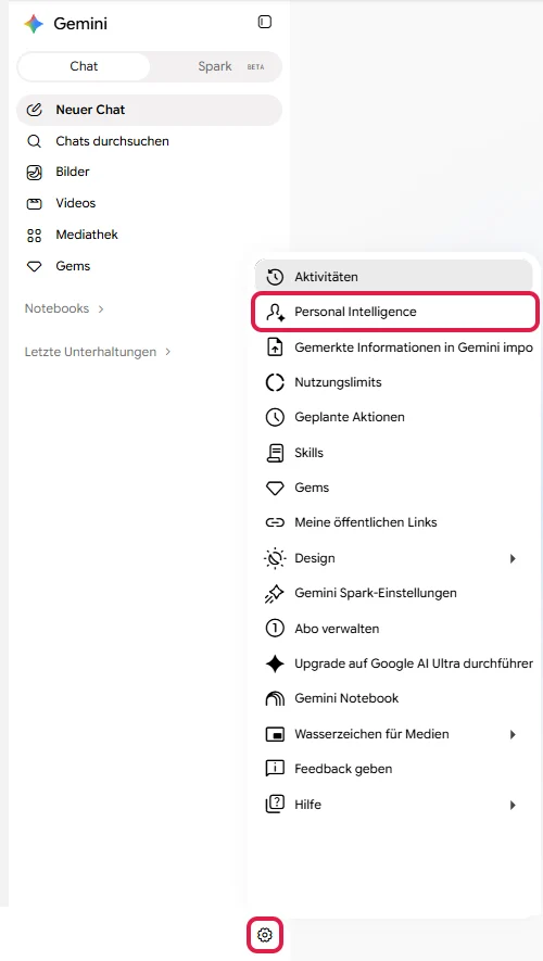 Einstellungsmenü von Gemini mit dem Punkt Personal Intelligence, rot markiert