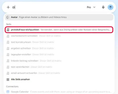 Eingabefeld mit getipptem @ und der Liste der Skills, der aktive Skill ist rot markiert