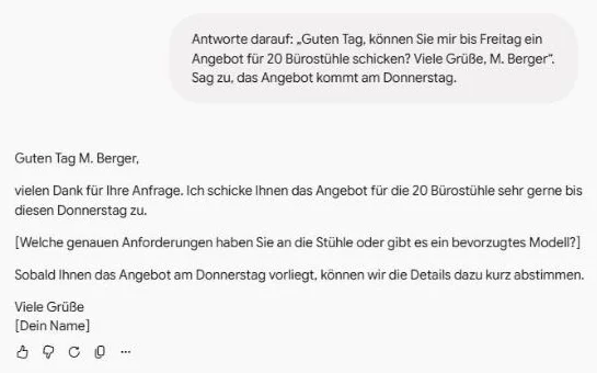 Antwort des Skills email-antwort-entwerfen in Sie-Form mit einer Rückfrage in eckigen Klammern