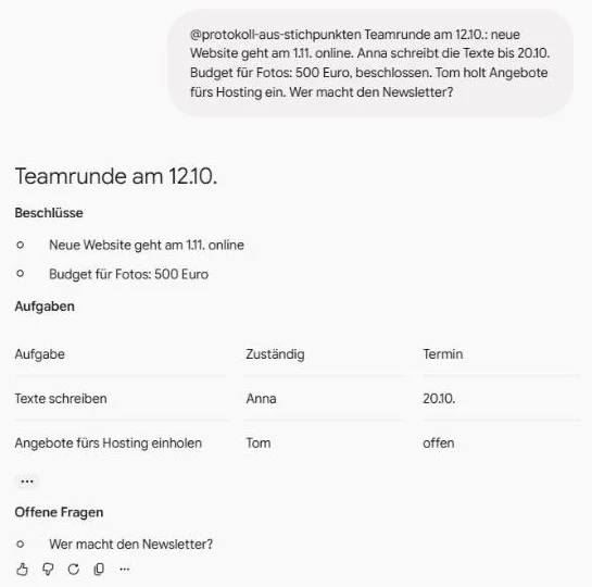 Gesendeter Aufruf mit @protokoll-aus-stichpunkten und darunter das Protokoll der Teamrunde mit Beschlüssen, Aufgaben-Tabelle und offenen Fragen