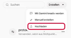 Geöffnetes Menü Erstellen auf der Seite Skills, der Eintrag Hochladen ist rot markiert