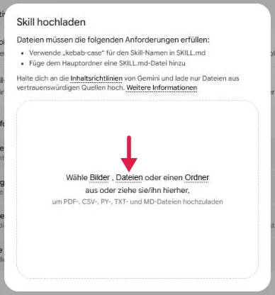 Fenster Skill hochladen mit den Anforderungen an die Datei, ein roter Pfeil zeigt auf das Wort Dateien