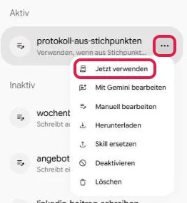 Drei Punkte an der Karte eines Skills und der Menü-Eintrag Jetzt verwenden, beide rot markiert