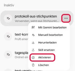 Menü eines inaktiven Skills auf der Seite Skills, der Eintrag Aktivieren ist rot markiert