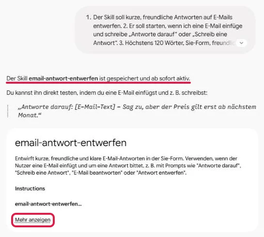 Meldung Skill gespeichert und aktiv rot unterstrichen, in der Karte darunter Mehr anzeigen rot umrahmt