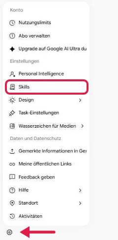 Zahnrad unten links mit rotem Pfeil, im geöffneten Menü der Einstellungen ist Skills rot umrahmt