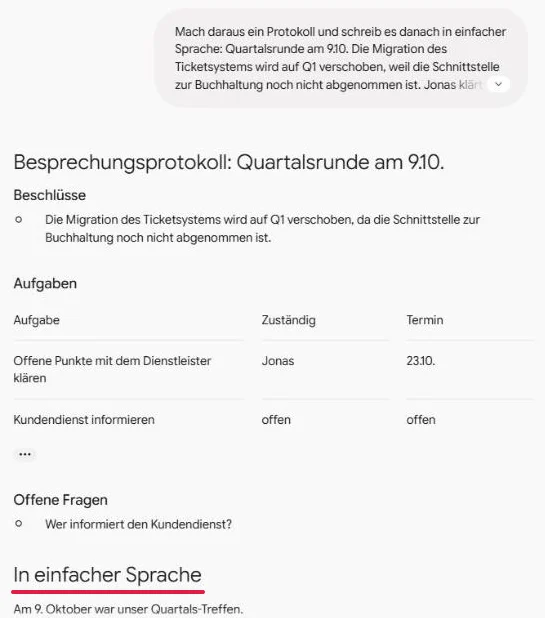 Antwort mit zwei Skills: oben das Protokoll, darunter rot unterstrichen die Überschrift In einfacher Sprache
