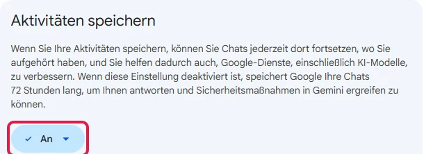 Kasten Aktivitäten speichern mit dem Knopf An, rot markiert