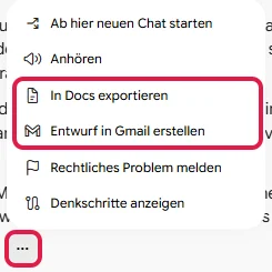 Menü unter einer Antwort mit In Docs exportieren und Entwurf in Gmail erstellen, rot markiert