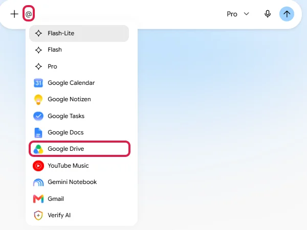 Liste nach dem @-Zeichen im Eingabefeld mit Modellen und Apps, Google Drive rot markiert