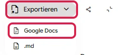 Menü Exportieren im Canvas mit Google Docs und .md, Google Docs rot markiert