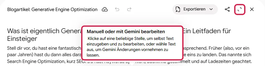 Canvas mit dem Hinweis Manuell oder mit Gemini bearbeiten und dem Symbol für die Vollansicht, rot markiert