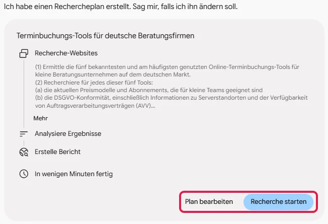 Rechercheplan von Deep Research mit den Knöpfen Plan bearbeiten und Recherche starten, rot markiert