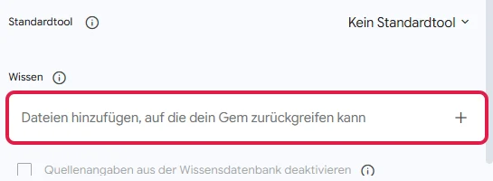 Bereich Wissen im Gem-Editor mit Dateien hinzufügen, rot markiert