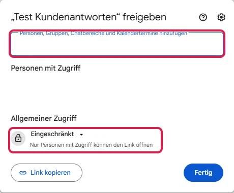 Dialog zum Freigeben eines Gems mit dem Feld für Personen und Allgemeiner Zugriff, rot markiert