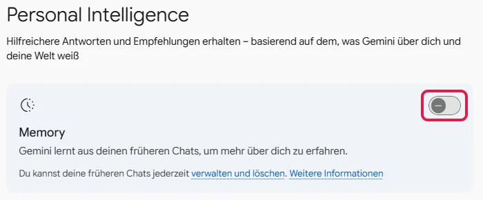 Karte Memory auf der Seite Personal Intelligence mit ihrem Schalter, rot markiert