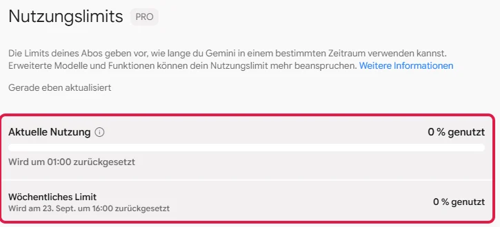 Seite Nutzungslimits mit aktueller Nutzung und wöchentlichem Limit, rot markiert