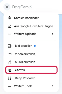 Menü hinter dem Plus im Eingabefeld mit dem Eintrag Canvas, rot markiert