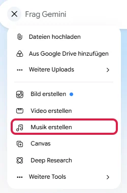Menü hinter dem Plus im Eingabefeld mit dem Eintrag Musik erstellen, rot markiert