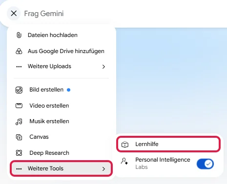 Menü hinter dem Plus mit geöffnetem Untermenü Weitere Tools und dem Eintrag Lernhilfe, rot markiert