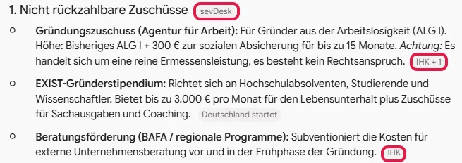Antwort von Gemini mit grauen Quellenangaben wie sevDesk und IHK + 1 hinter den Absätzen, rot markiert