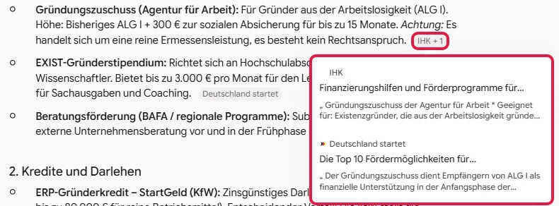 Geöffnetes Fenster mit zwei Quellen zu einer Aussage über den Gründungszuschuss, rot markiert