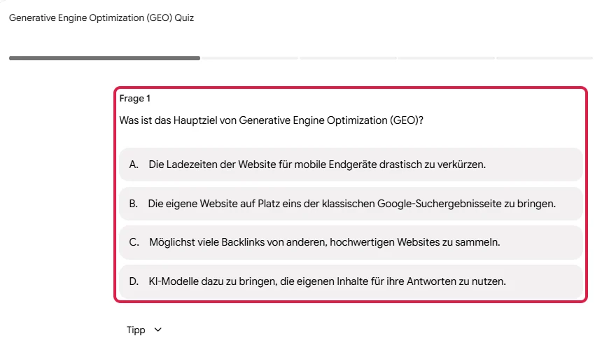 Interaktives Quiz zu Generative Engine Optimization mit Frage 1 und vier Antworten, rot markiert