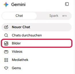 Seitenleiste von Gemini mit dem Eintrag Bilder, rot markiert