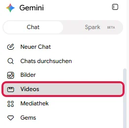 Seitenleiste von Gemini mit dem Eintrag Videos, rot markiert