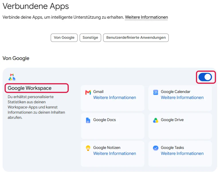 Seite Verbundene Apps mit dem Kasten Google Workspace und seinem Schalter, rot markiert