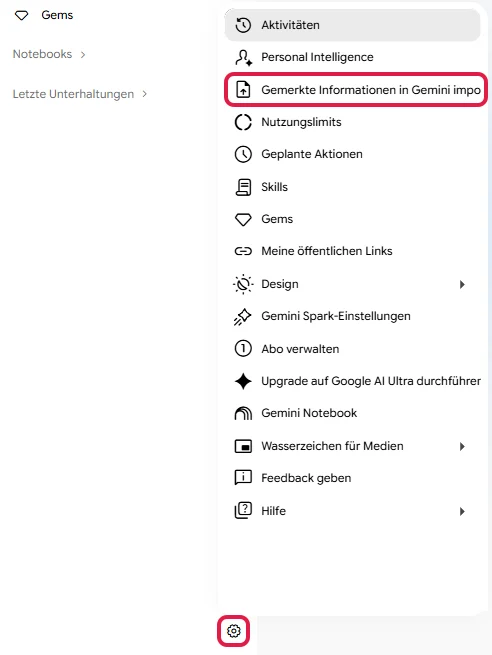 Einstellungsmenü von Gemini mit dem Punkt Gemerkte Informationen in Gemini importieren, rot markiert