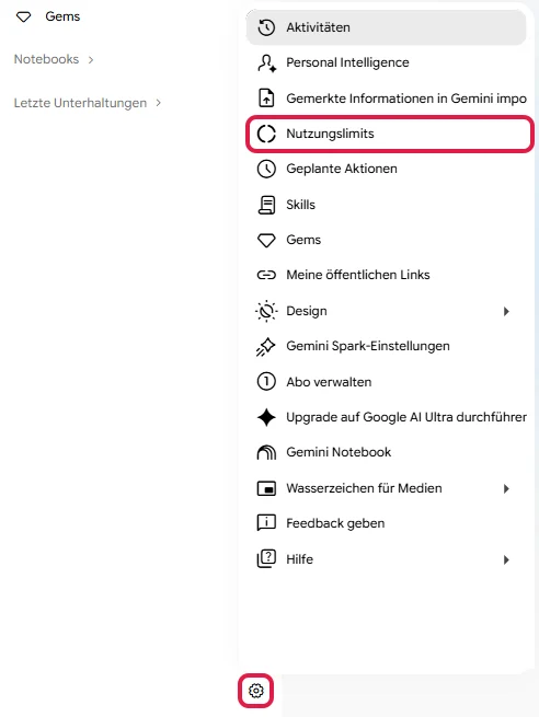 Einstellungsmenü von Gemini hinter dem Zahnrad mit dem Punkt Nutzungslimits, rot markiert