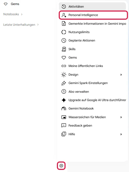 Einstellungsmenü von Gemini mit dem Punkt Personal Intelligence, rot markiert