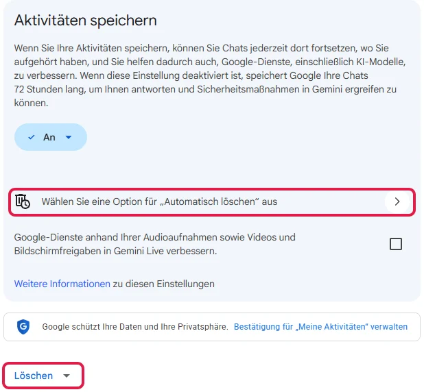 Aktivitätsseite mit der Option Automatisch löschen und dem Knopf Löschen, beide rot markiert