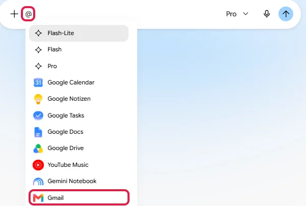 Liste der Modelle und Google-Apps nach Eingabe von @ im Eingabefeld, Gmail rot markiert