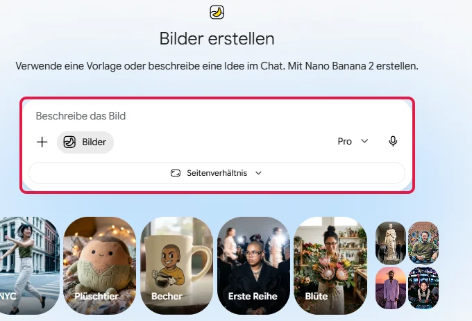 Seite Bilder erstellen mit Eingabefeld und Seitenverhältnis, rot markiert, darunter Vorlagen
