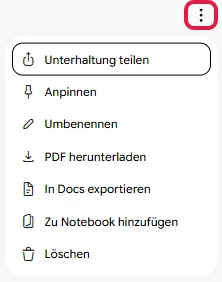 Geöffnetes Chat-Menü oben rechts mit Teilen, Anpinnen, Umbenennen, PDF herunterladen und Löschen, drei Punkte rot markiert