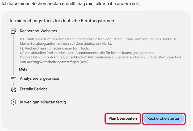 Rechercheplan von Deep Research mit den Knöpfen Plan bearbeiten und Recherche starten, rot markiert