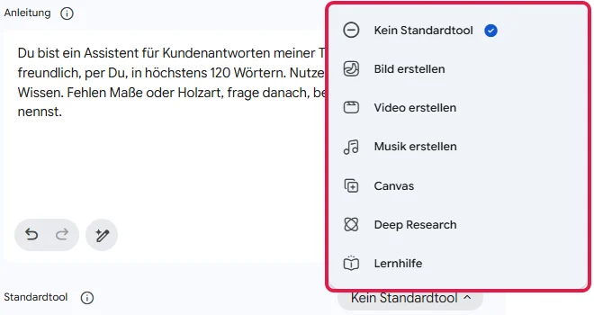 Geöffnete Auswahl Standardtool mit Kein Standardtool, Canvas, Deep Research und weiteren Werkzeugen, rot markiert