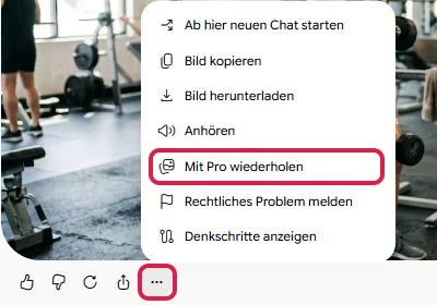 Menü der drei Punkte unter einem erstellten Testbild aus einem Fitnessstudio, Mit Pro wiederholen rot markiert
