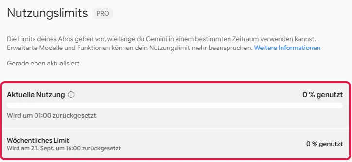 Nutzungslimits in Google Gemini mit aktueller Nutzung und Wochenlimit, rot markiert
