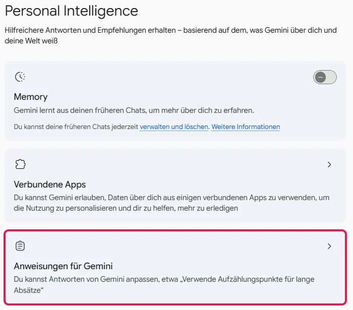Seite Personal Intelligence mit der Karte Anweisungen für Gemini, rot markiert