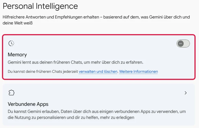 Karte Memory auf der Seite Personal Intelligence mit ihrem Schalter, rot markiert