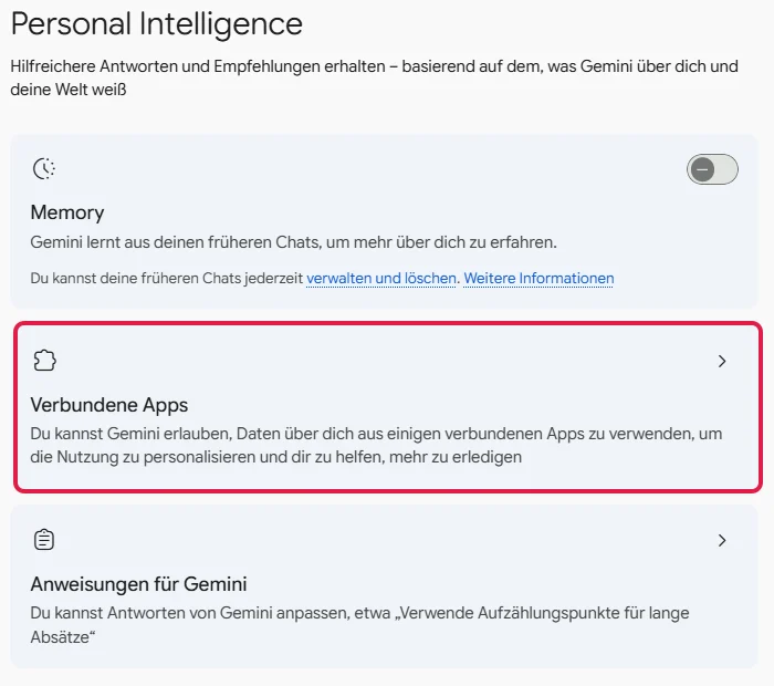 Seite Personal Intelligence mit der Karte Verbundene Apps, rot markiert