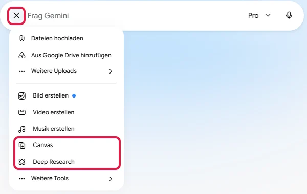 Geöffnetes Plus-Menü mit Uploads und Tools, oben links das X zum Schließen, Canvas und Deep Research rot markiert