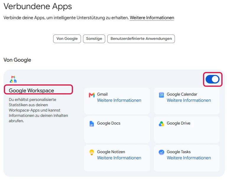 Seite Verbundene Apps mit dem Kasten Google Workspace und seinem Schalter, rot markiert